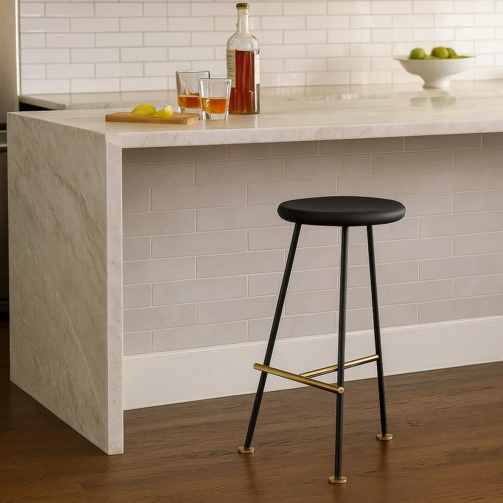 The Urban Port Elira 24 Inch Backless Counter Barstool with Round Mango Wood Seat | Black Iron Legs | Gold Footrest