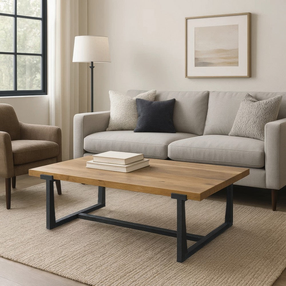 The Urban Port Marlon 48" Coffee Table | Handmade Aluminum Cast Black Frame | Natural Brown Solid Mango Wood Top