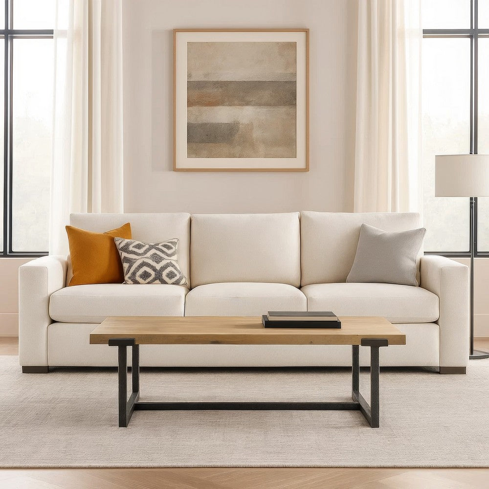 The Urban Port Marlon 48" Coffee Table | Handmade Aluminum Cast Black Frame | Natural Brown Solid Mango Wood Top