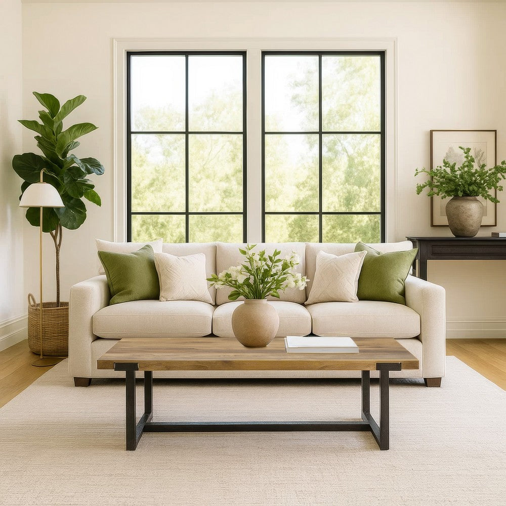 The Urban Port Marlon 48" Coffee Table | Handmade Aluminum Cast Black Frame | Natural Brown Solid Mango Wood Top