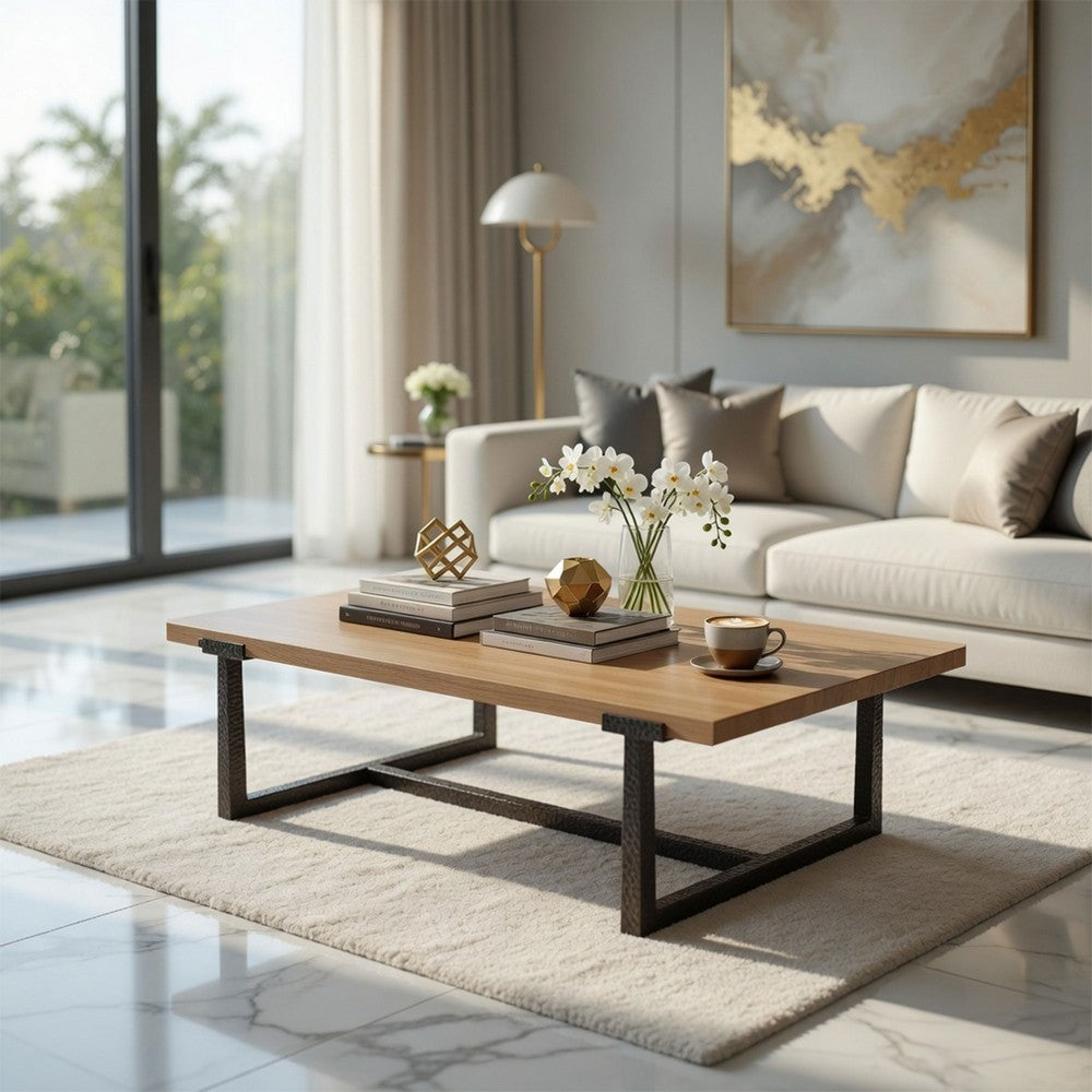 The Urban Port Marlon 48" Coffee Table | Handmade Aluminum Cast Black Frame | Natural Brown Solid Mango Wood Top