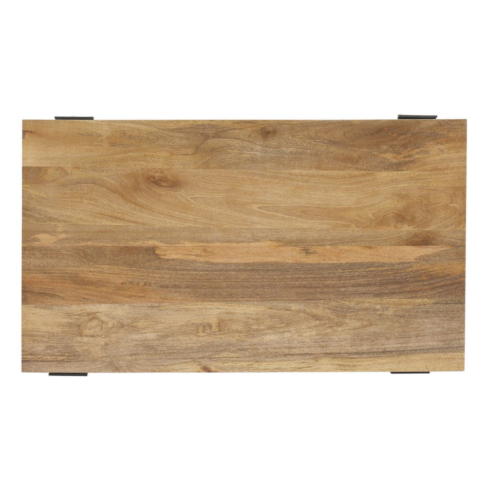 The Urban Port Marlon 48" Coffee Table | Handmade Aluminum Cast Black Frame | Natural Brown Solid Mango Wood Top