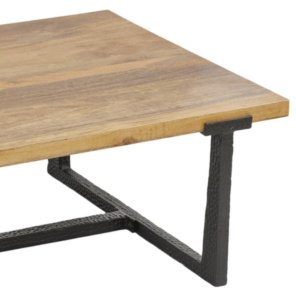 The Urban Port Marlon 48" Coffee Table | Handmade Aluminum Cast Black Frame | Natural Brown Solid Mango Wood Top