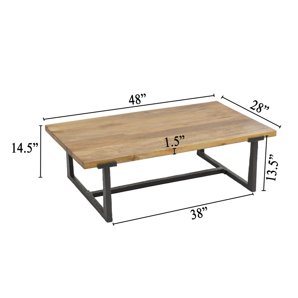 The Urban Port Marlon 48" Coffee Table | Handmade Aluminum Cast Black Frame | Natural Brown Solid Mango Wood Top