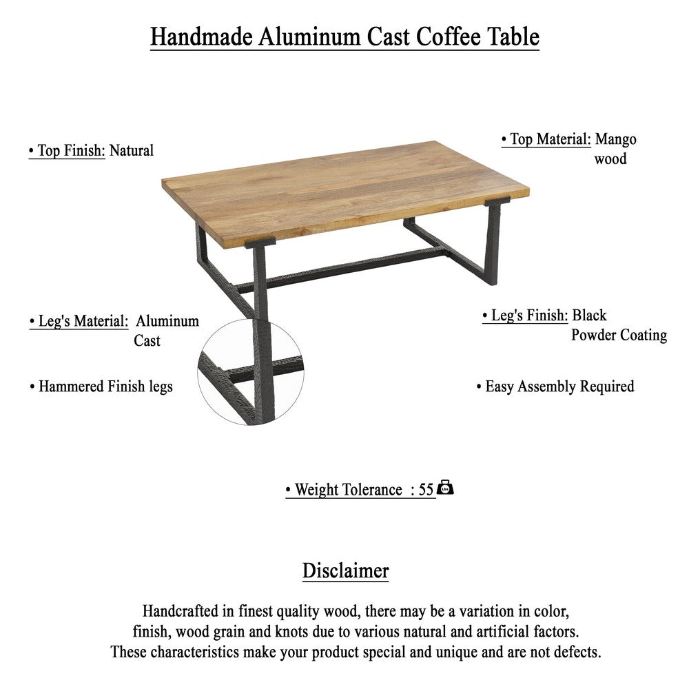The Urban Port Marlon 48" Coffee Table | Handmade Aluminum Cast Black Frame | Natural Brown Solid Mango Wood Top