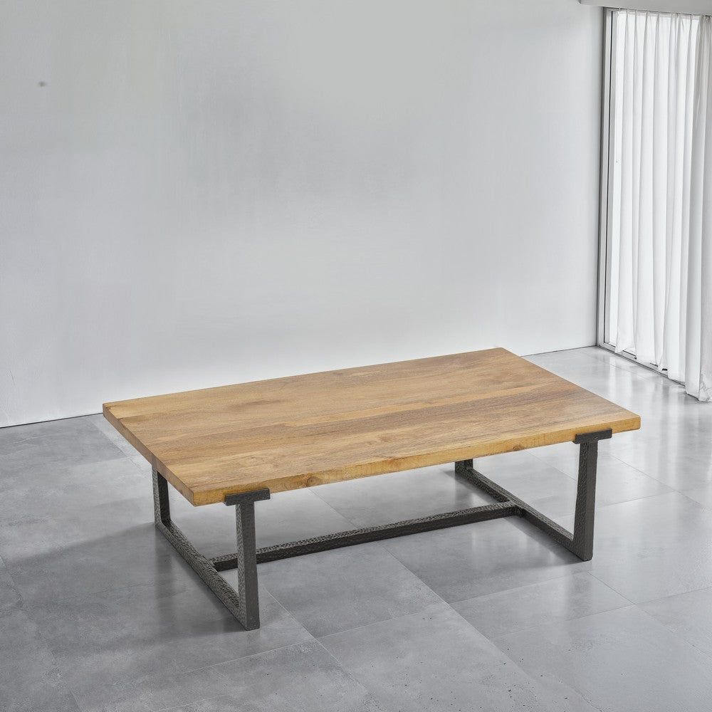 The Urban Port Marlon 48" Coffee Table | Handmade Aluminum Cast Black Frame | Natural Brown Solid Mango Wood Top