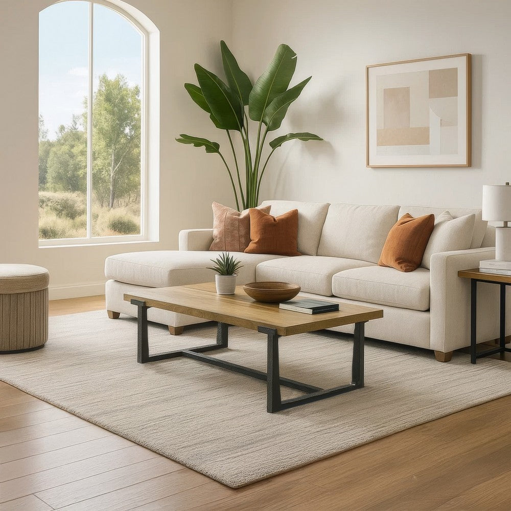 The Urban Port Marlon 48" Coffee Table | Handmade Aluminum Cast Black Frame | Natural Brown Solid Mango Wood Top
