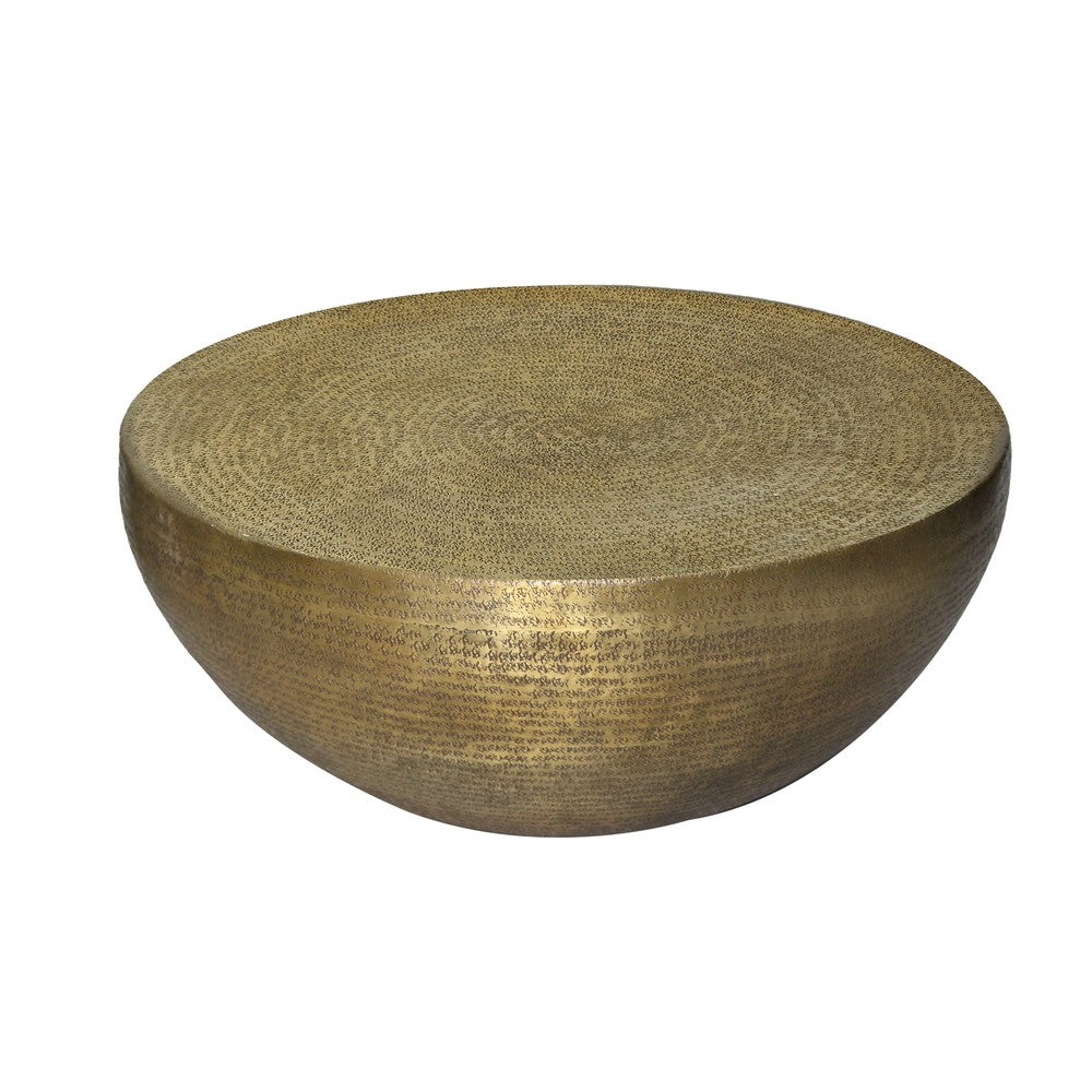 The Urban Port Terminus Coffee Table, 36 Inch Round Bowl Base with Hand Etched Texture, Antique Brass