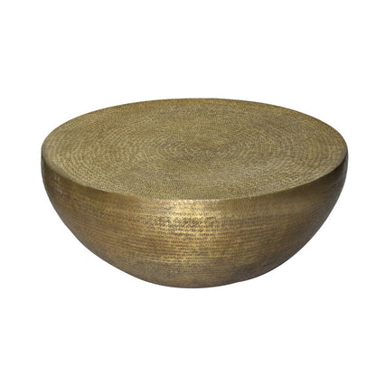 The Urban Port Terminus Coffee Table, 36 Inch Round Bowl Base with Hand Etched Texture, Antique Brass