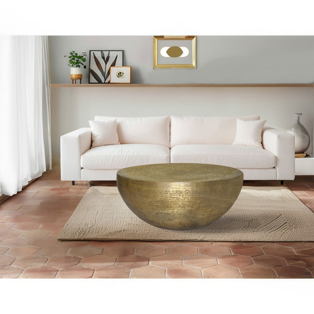 The Urban Port Terminus Coffee Table, 36 Inch Round Bowl Base with Hand Etched Texture, Antique Brass