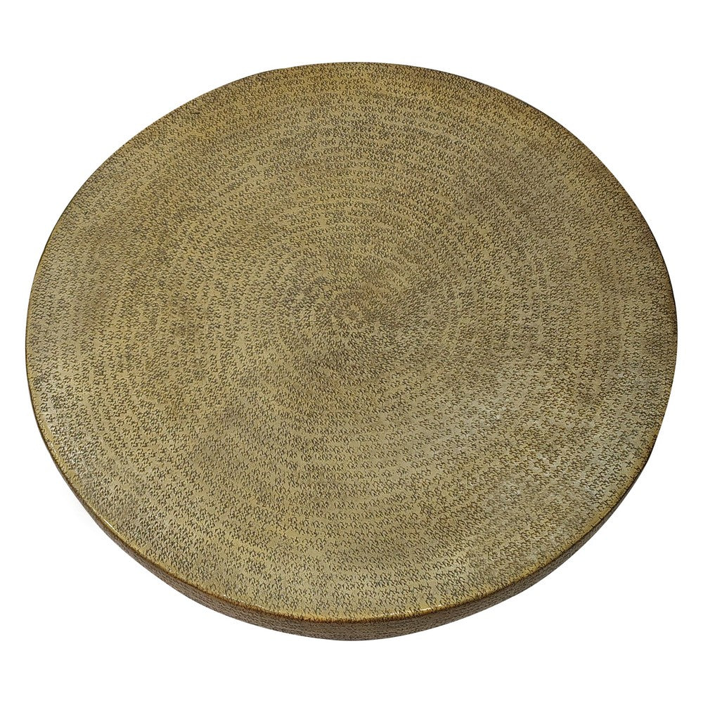 The Urban Port Terminus Coffee Table, 36 Inch Round Bowl Base with Hand Etched Texture, Antique Brass