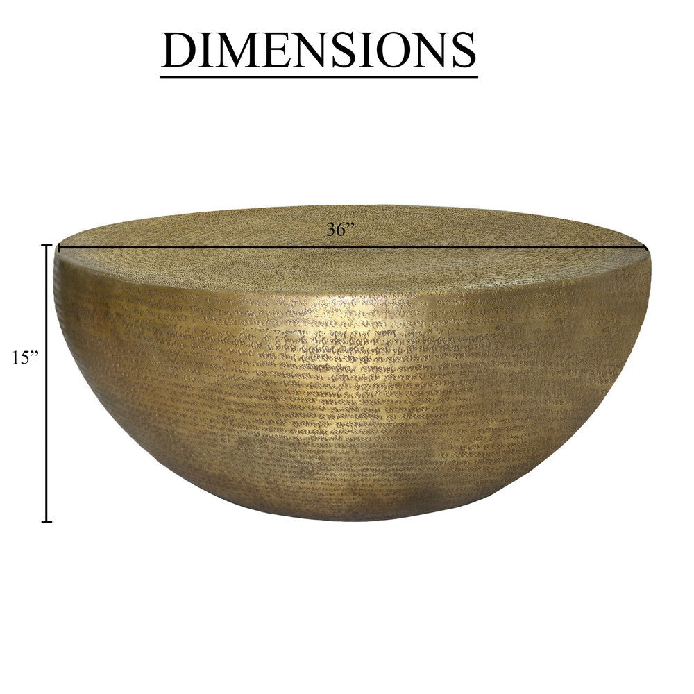 The Urban Port Terminus Coffee Table, 36 Inch Round Bowl Base with Hand Etched Texture, Antique Brass