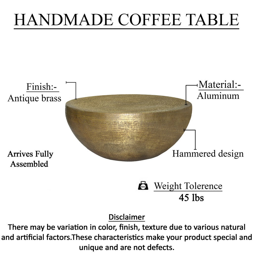 The Urban Port Terminus Coffee Table, 36 Inch Round Bowl Base with Hand Etched Texture, Antique Brass
