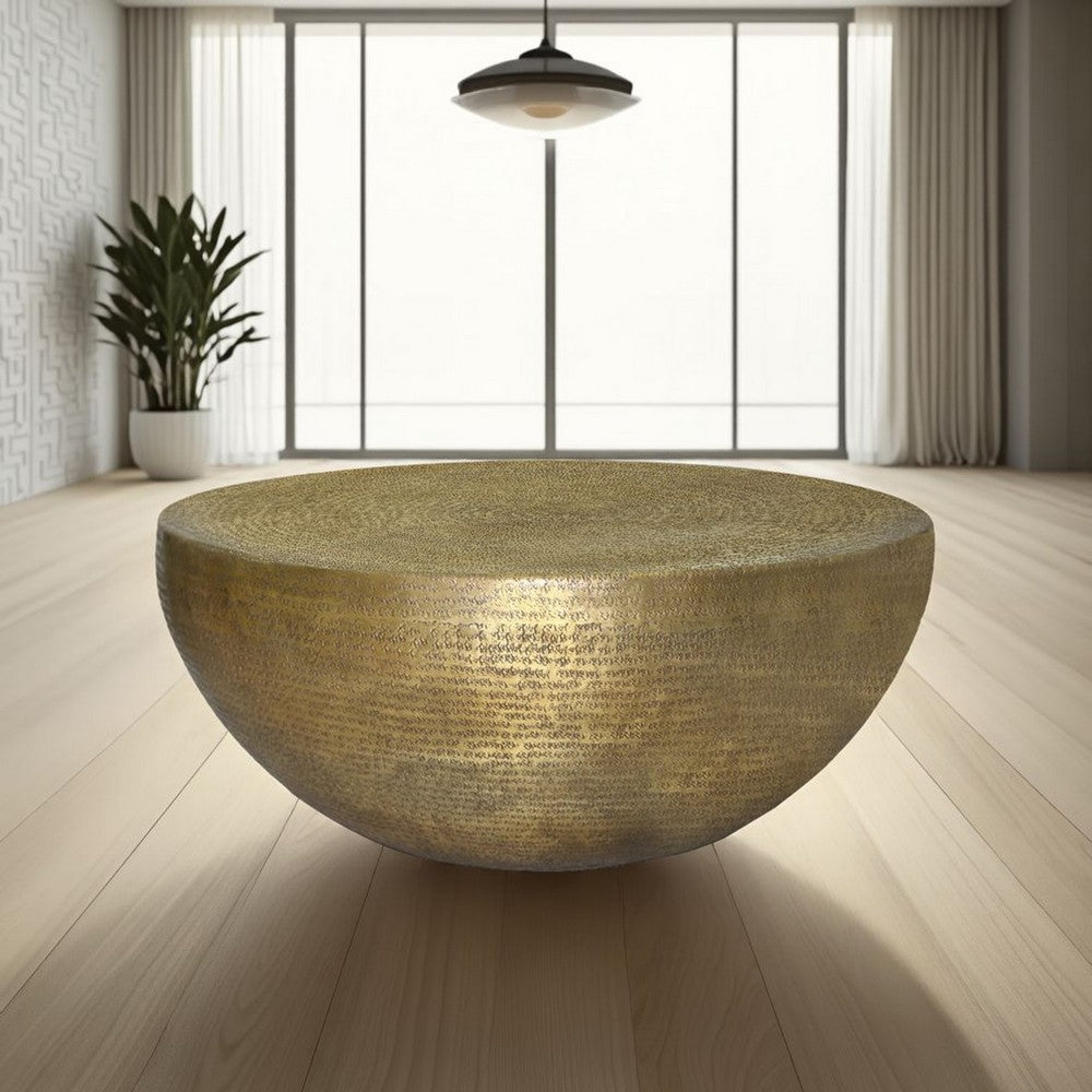 The Urban Port Terminus Coffee Table, 36 Inch Round Bowl Base with Hand Etched Texture, Antique Brass