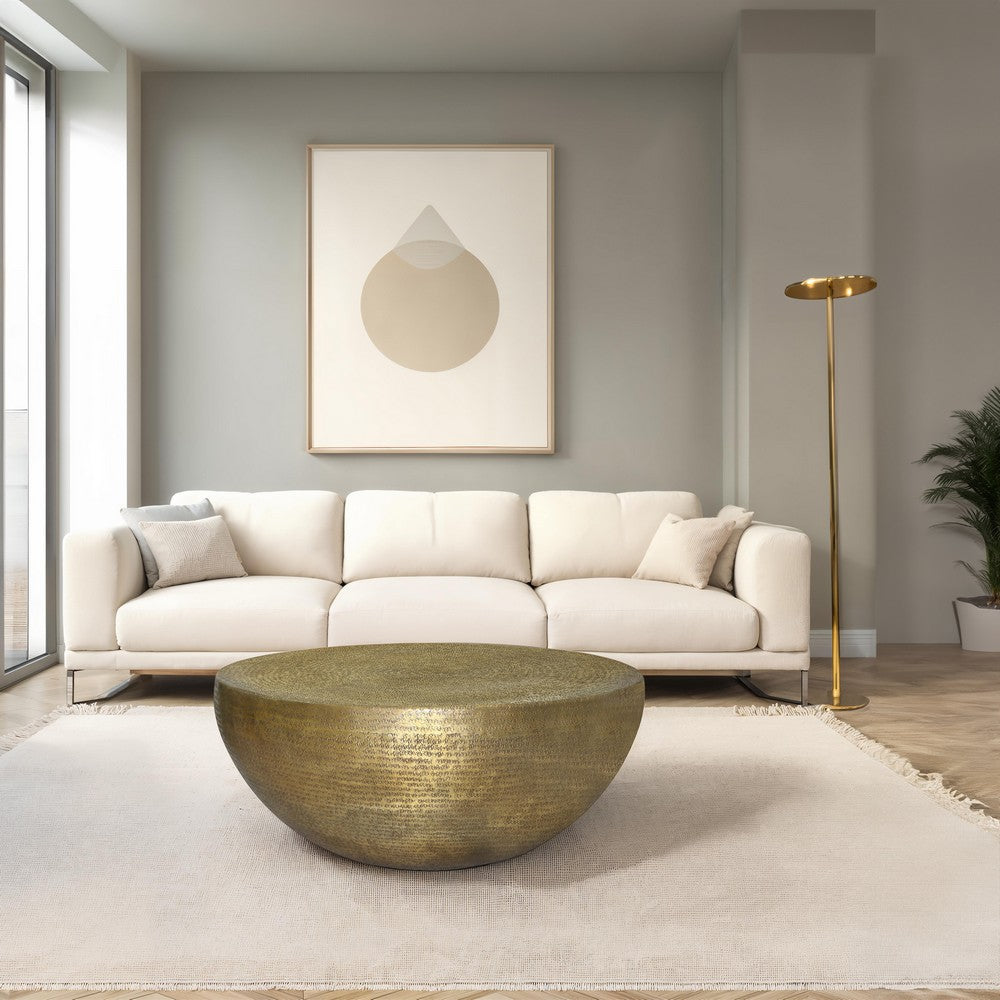 The Urban Port Terminus Coffee Table, 36 Inch Round Bowl Base with Hand Etched Texture, Antique Brass