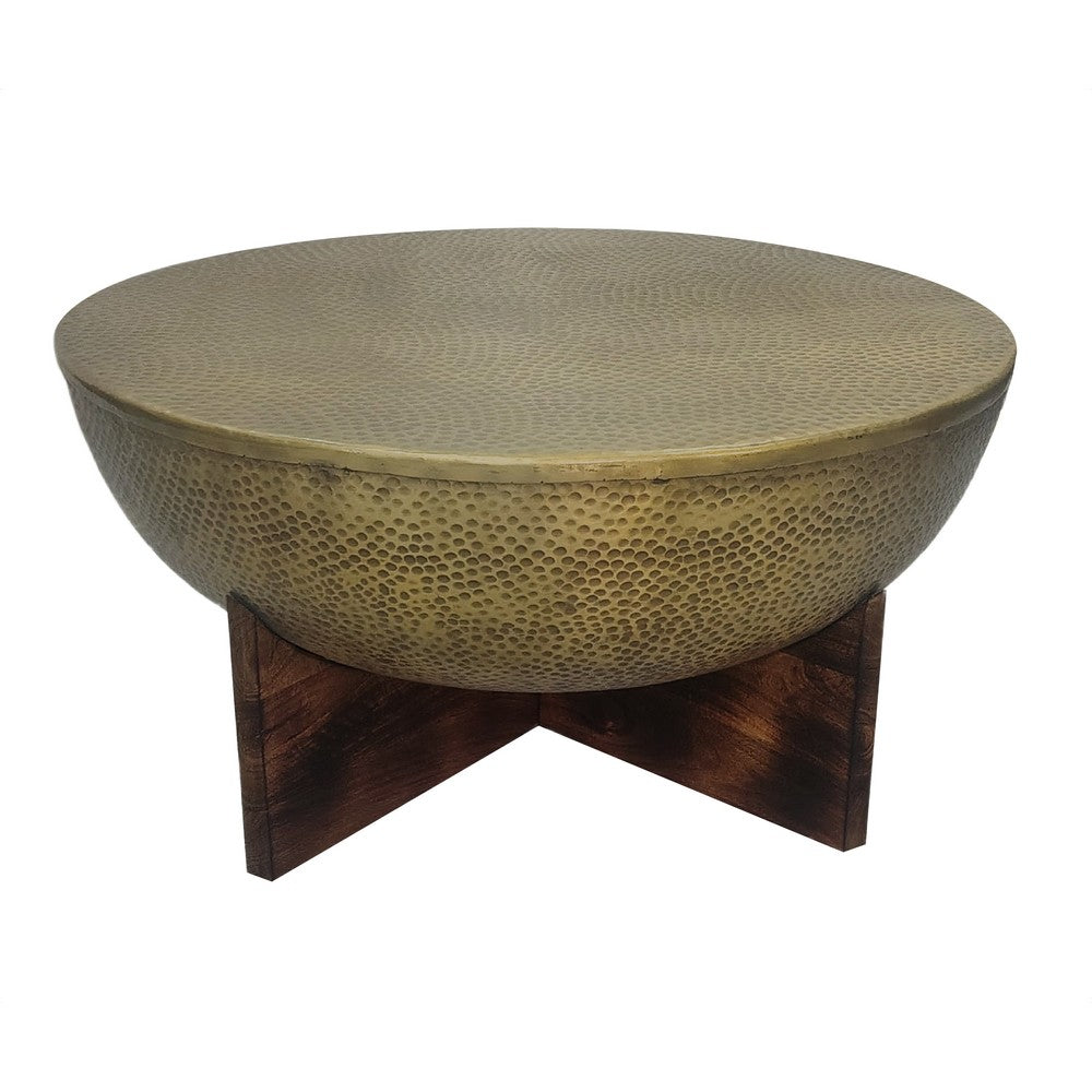 The Urban Port Arden Coffee Table | Round Hammered Metal Top | Mango Wood Base| Antique Brass