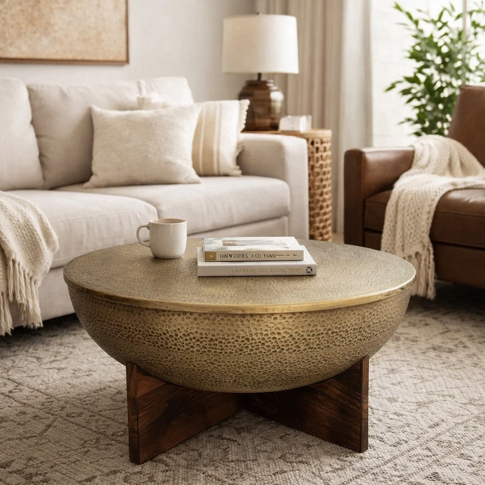 The Urban Port Arden Coffee Table | Round Hammered Metal Top | Mango Wood Base| Antique Brass
