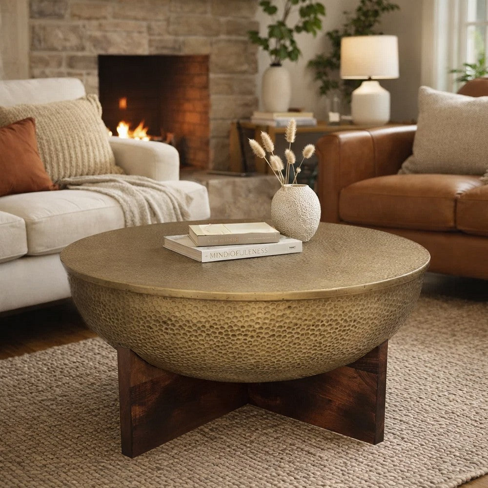 The Urban Port Arden Coffee Table | Round Hammered Metal Top | Mango Wood Base| Antique Brass