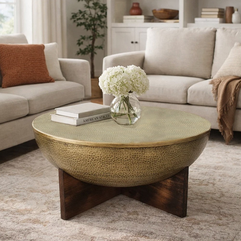 The Urban Port Arden Coffee Table | Round Hammered Metal Top | Mango Wood Base| Antique Brass