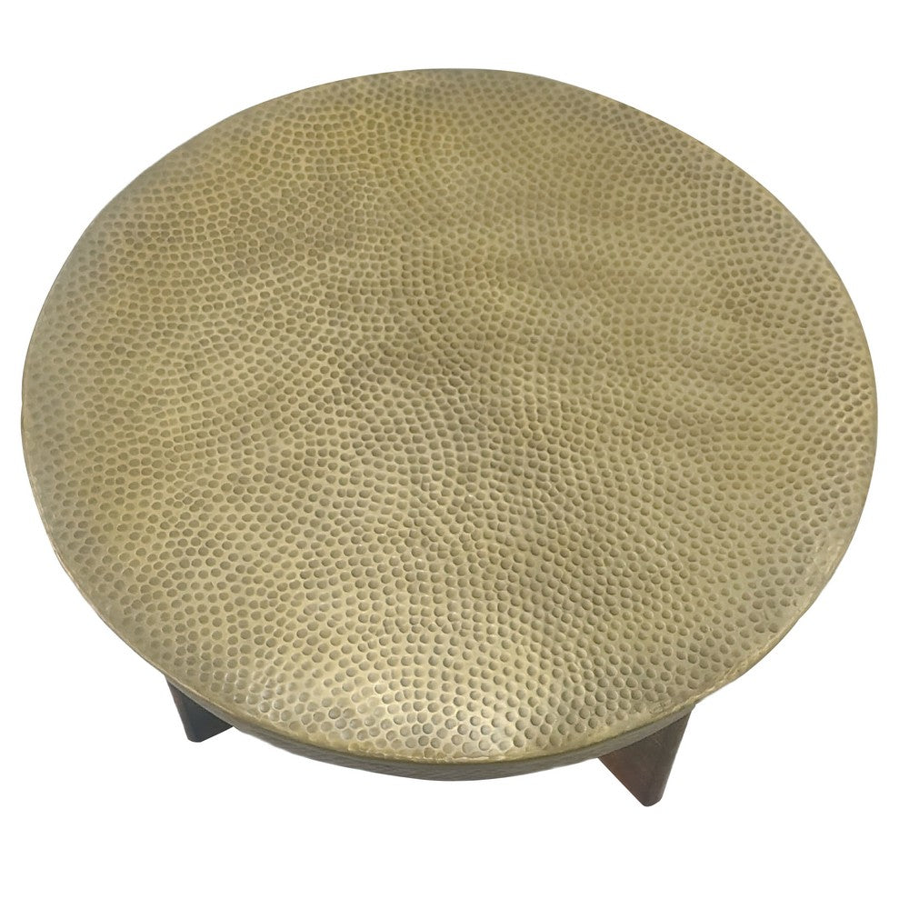 The Urban Port Arden Coffee Table | Round Hammered Metal Top | Mango Wood Base| Antique Brass
