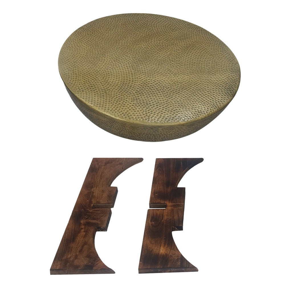 The Urban Port Arden Coffee Table | Round Hammered Metal Top | Mango Wood Base| Antique Brass