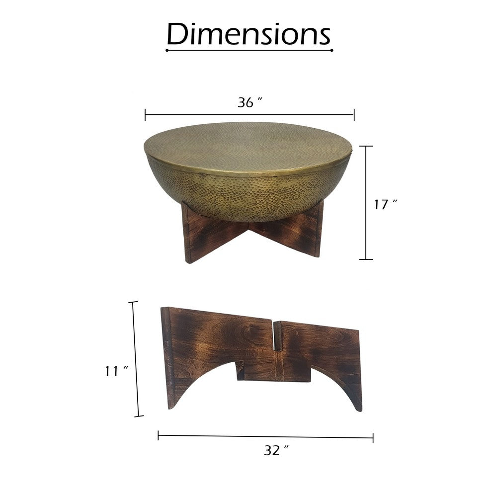 The Urban Port Arden Coffee Table | Round Hammered Metal Top | Mango Wood Base| Antique Brass