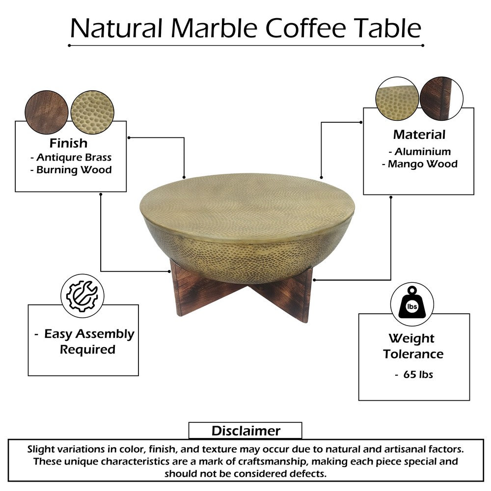 The Urban Port Arden Coffee Table | Round Hammered Metal Top | Mango Wood Base| Antique Brass