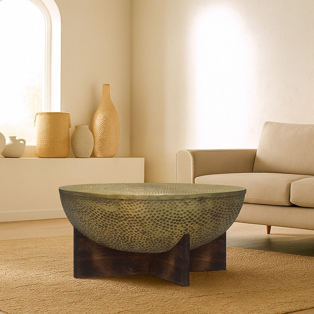The Urban Port Arden Coffee Table | Round Hammered Metal Top | Mango Wood Base| Antique Brass
