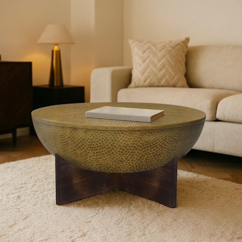 The Urban Port Arden Coffee Table | Round Hammered Metal Top | Mango Wood Base| Antique Brass