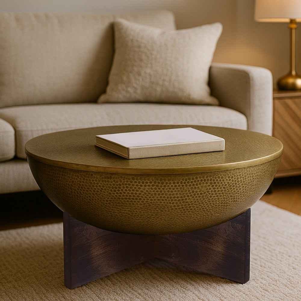 The Urban Port Arden Coffee Table | Round Hammered Metal Top | Mango Wood Base| Antique Brass