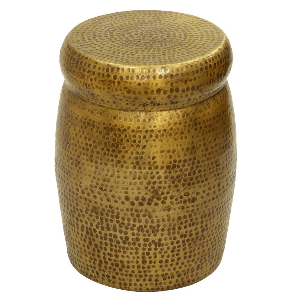 The Urban Port Kvira 21" Round Drum Side End Table | Artisan Hammered Embossed Texture | Antique Gold Brass Finish
