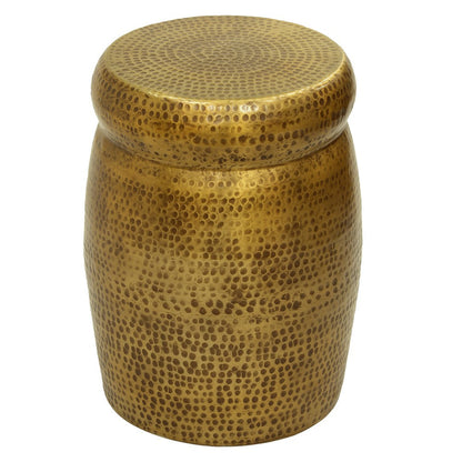 The Urban Port Kvira 21" Round Drum Side End Table | Artisan Hammered Embossed Texture | Antique Gold Brass Finish