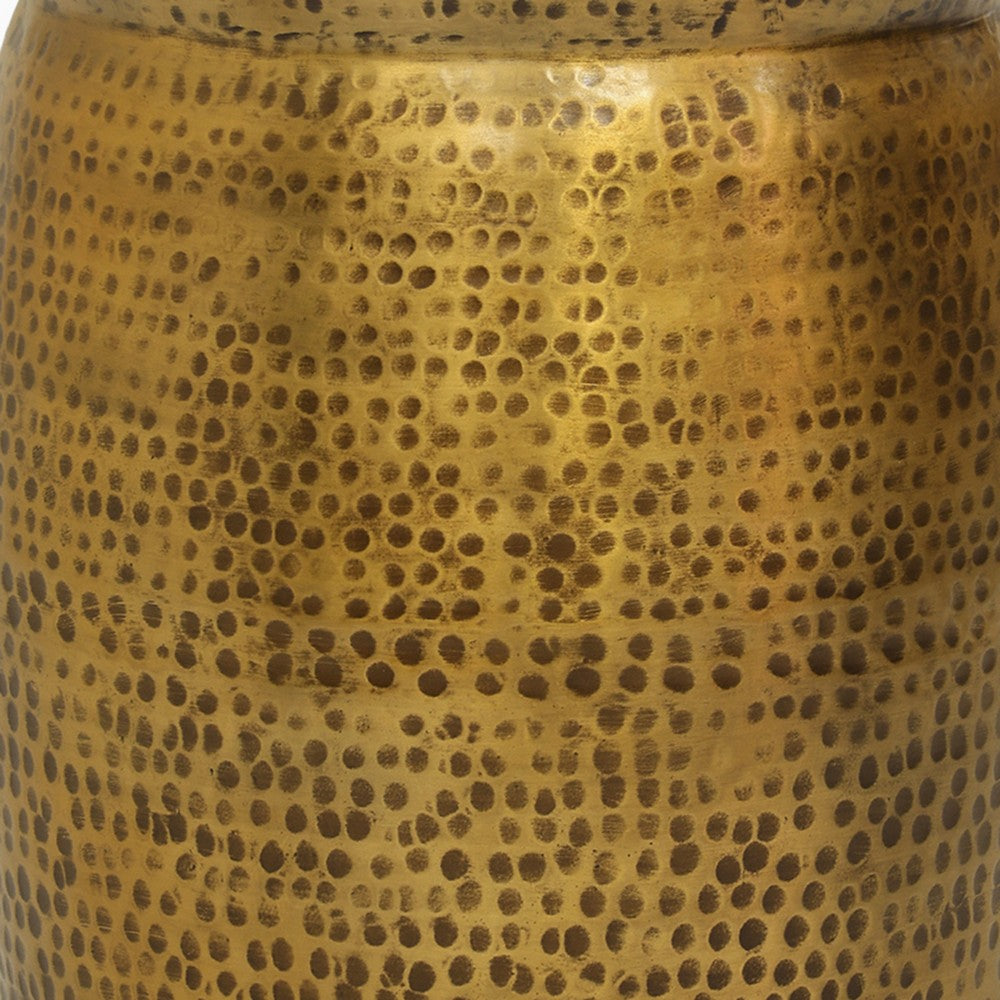 The Urban Port Kvira 21" Round Drum Side End Table | Artisan Hammered Embossed Texture | Antique Gold Brass Finish
