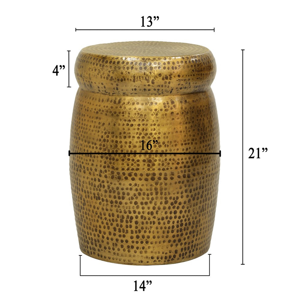 The Urban Port Kvira 21" Round Drum Side End Table | Artisan Hammered Embossed Texture | Antique Gold Brass Finish