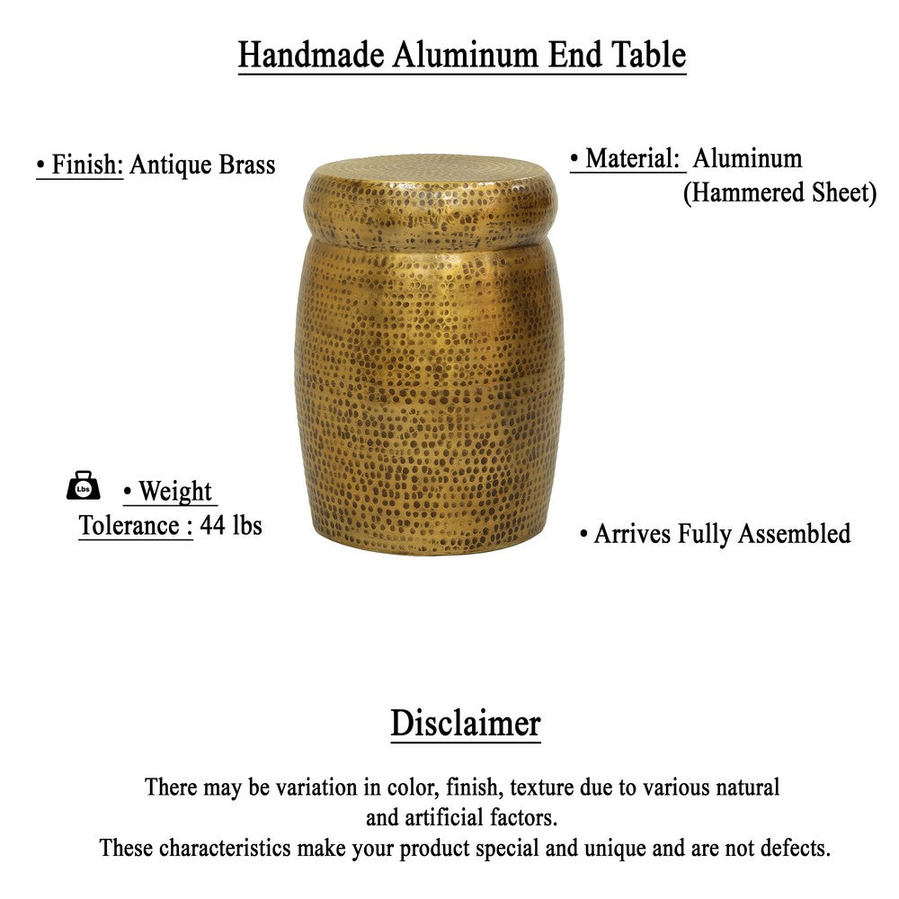 The Urban Port Kvira 21" Round Drum Side End Table | Artisan Hammered Embossed Texture | Antique Gold Brass Finish