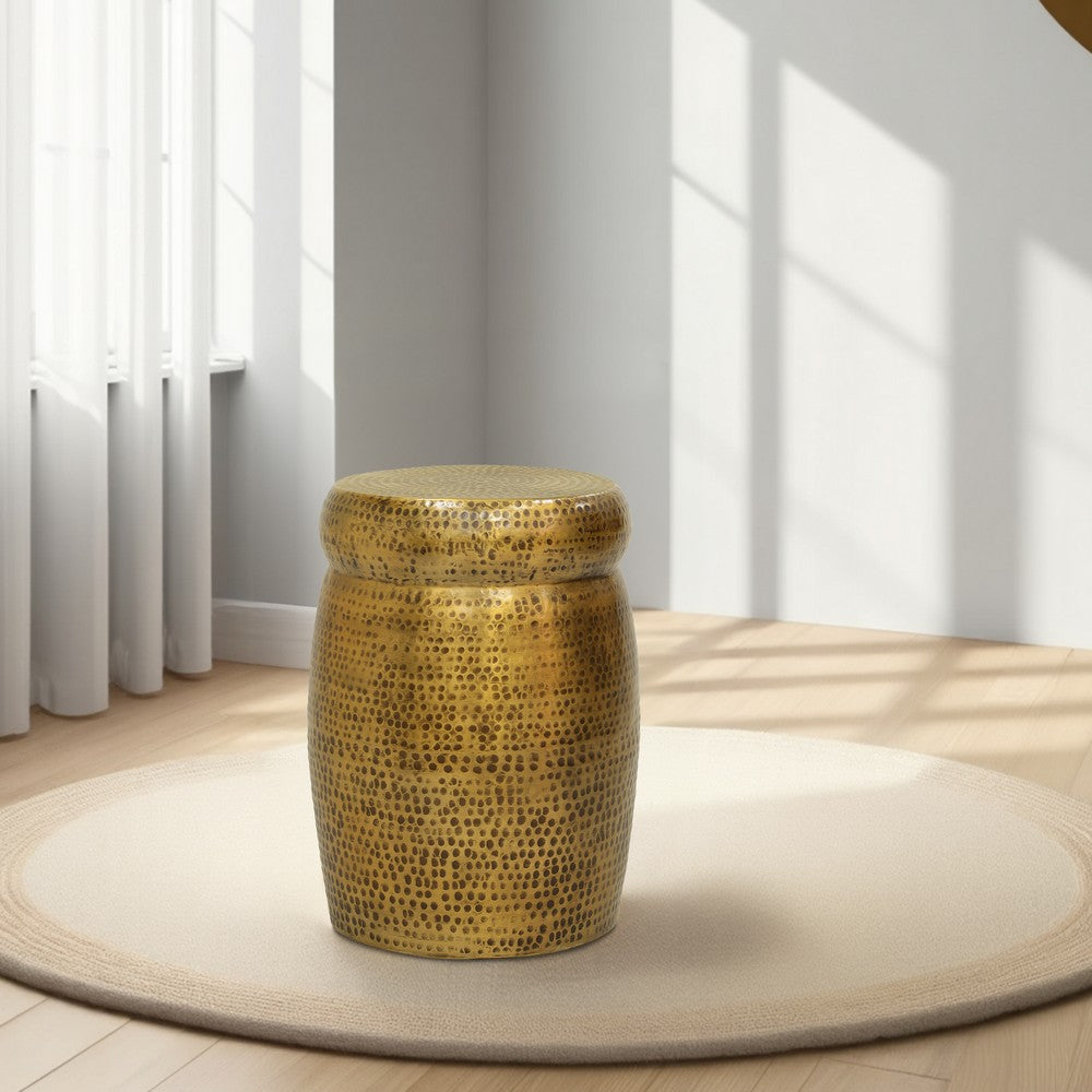 The Urban Port Kvira 21" Round Drum Side End Table | Artisan Hammered Embossed Texture | Antique Gold Brass Finish