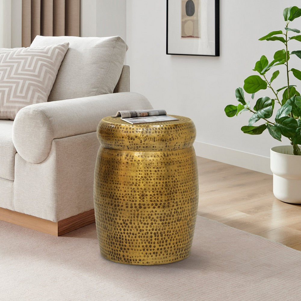 The Urban Port Kvira 21" Round Drum Side End Table | Artisan Hammered Embossed Texture | Antique Gold Brass Finish