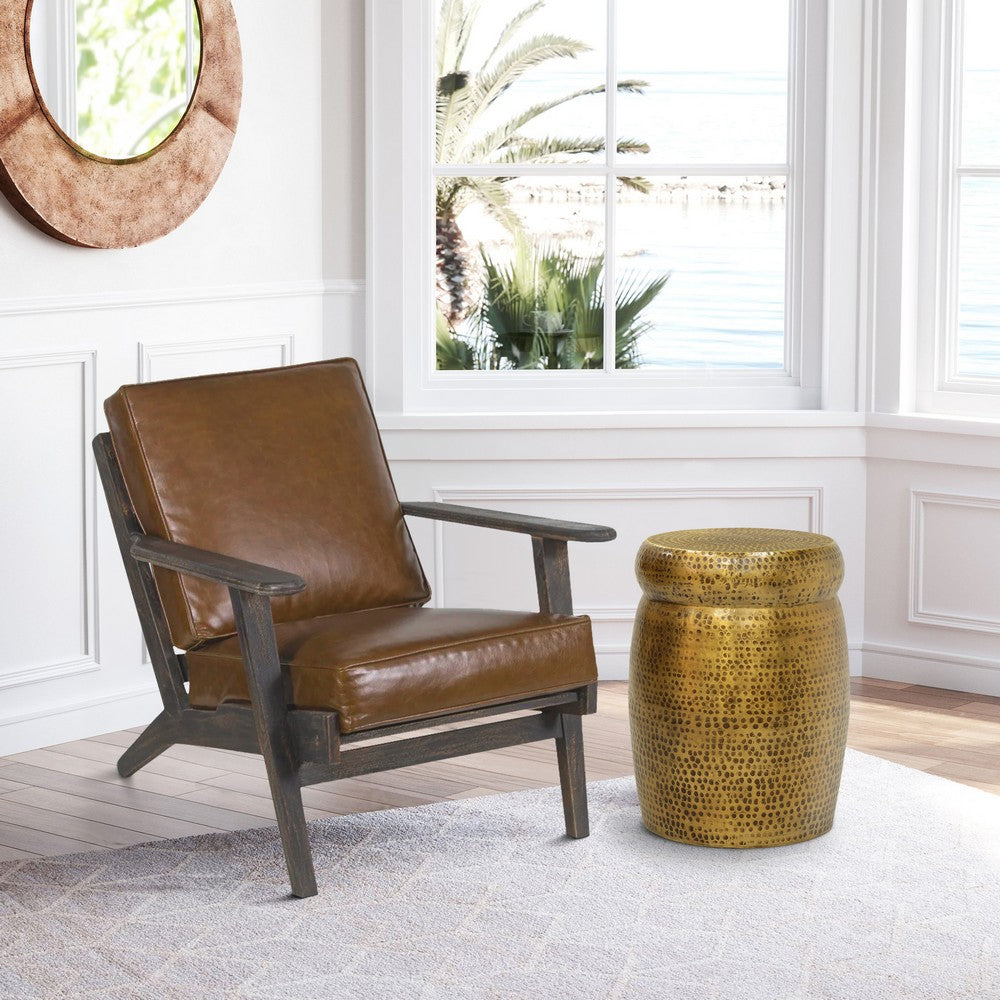 The Urban Port Kvira 21" Round Drum Side End Table | Artisan Hammered Embossed Texture | Antique Gold Brass Finish