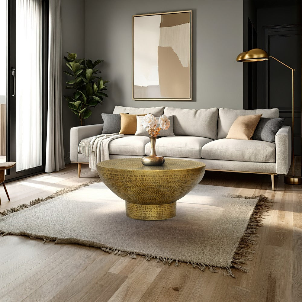 The Urban Port Orion Coffee Table | 32 Inch Round Martini Glass Shape | Hammered Antique Brass Finish