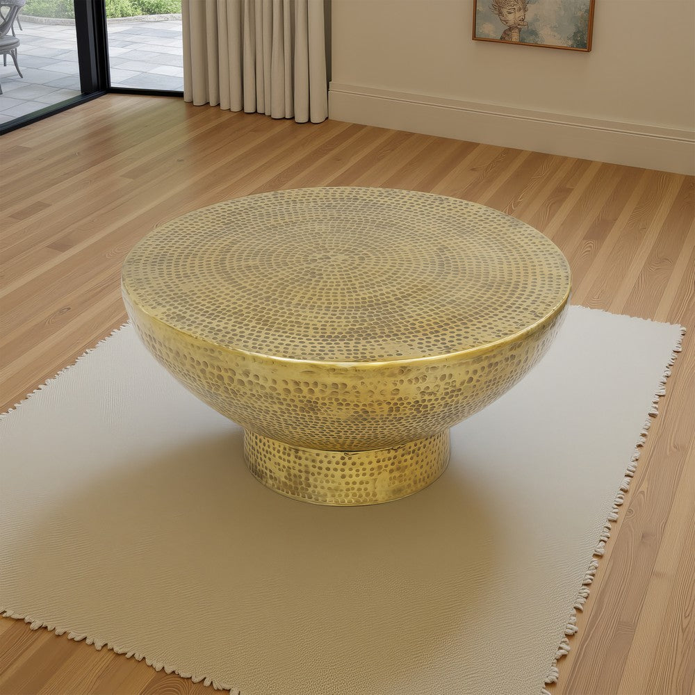 The Urban Port Orion Coffee Table | 32 Inch Round Martini Glass Shape | Hammered Antique Brass Finish