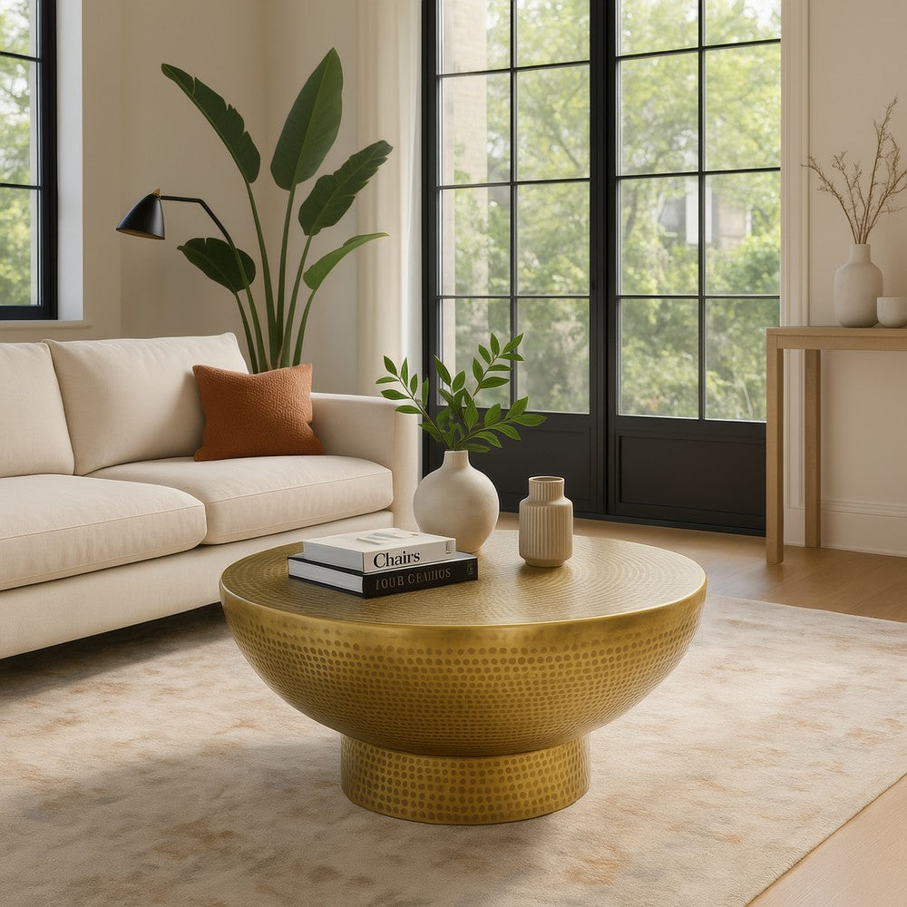 The Urban Port Orion Coffee Table | 32 Inch Round Martini Glass Shape | Hammered Antique Brass Finish