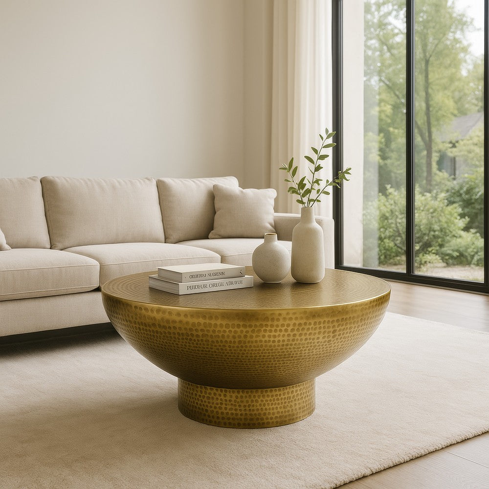 The Urban Port Orion Coffee Table | 32 Inch Round Martini Glass Shape | Hammered Antique Brass Finish