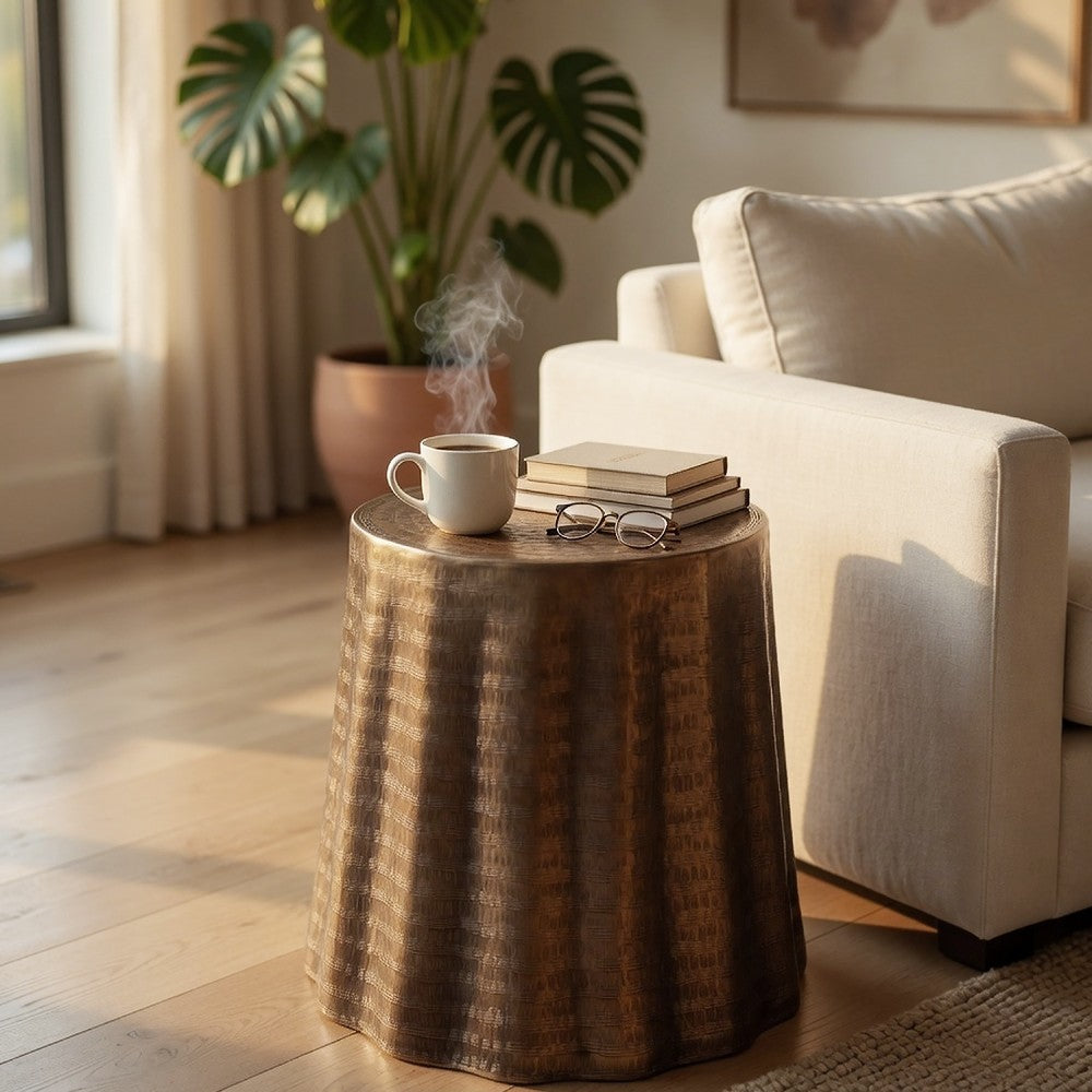 The Urban Port Liora 19" Side End Table | Handcrafted Bronze-Finish Aluminum | Hammered Round Design