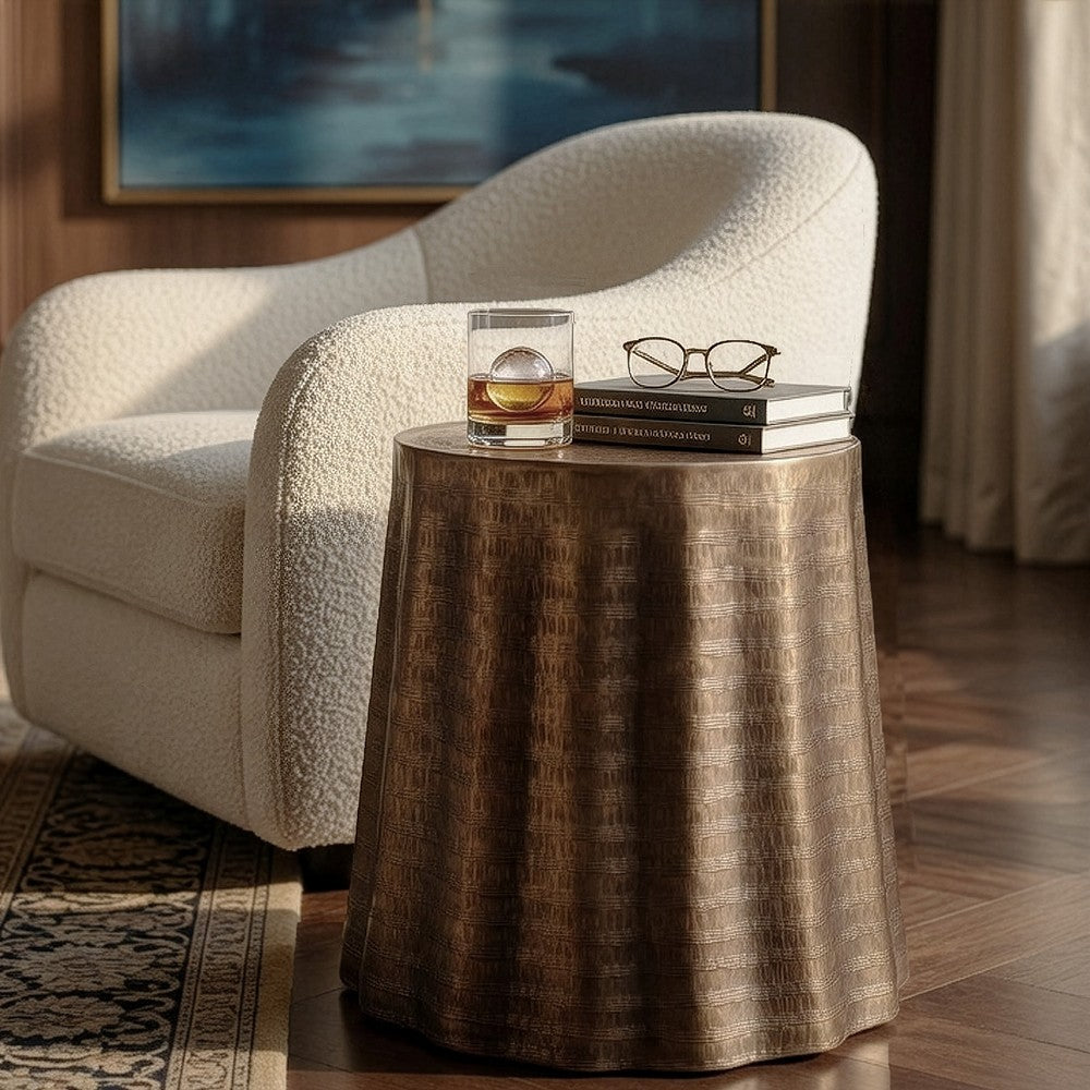 The Urban Port Liora 19" Side End Table | Handcrafted Bronze-Finish Aluminum | Hammered Round Design