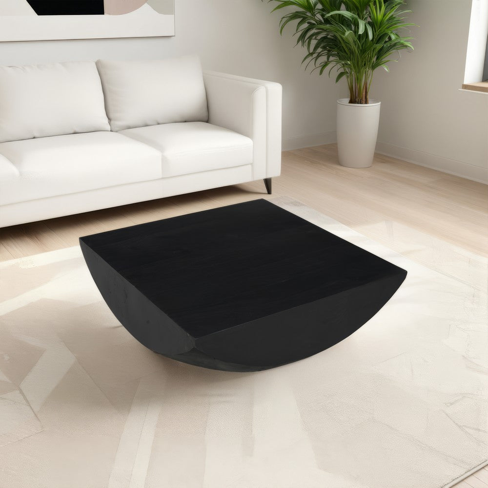The Urban Port Joanie Coffee Table | 36" Square Top | Handcrafted Matte Black Mango Wood | Rounded Drum Base