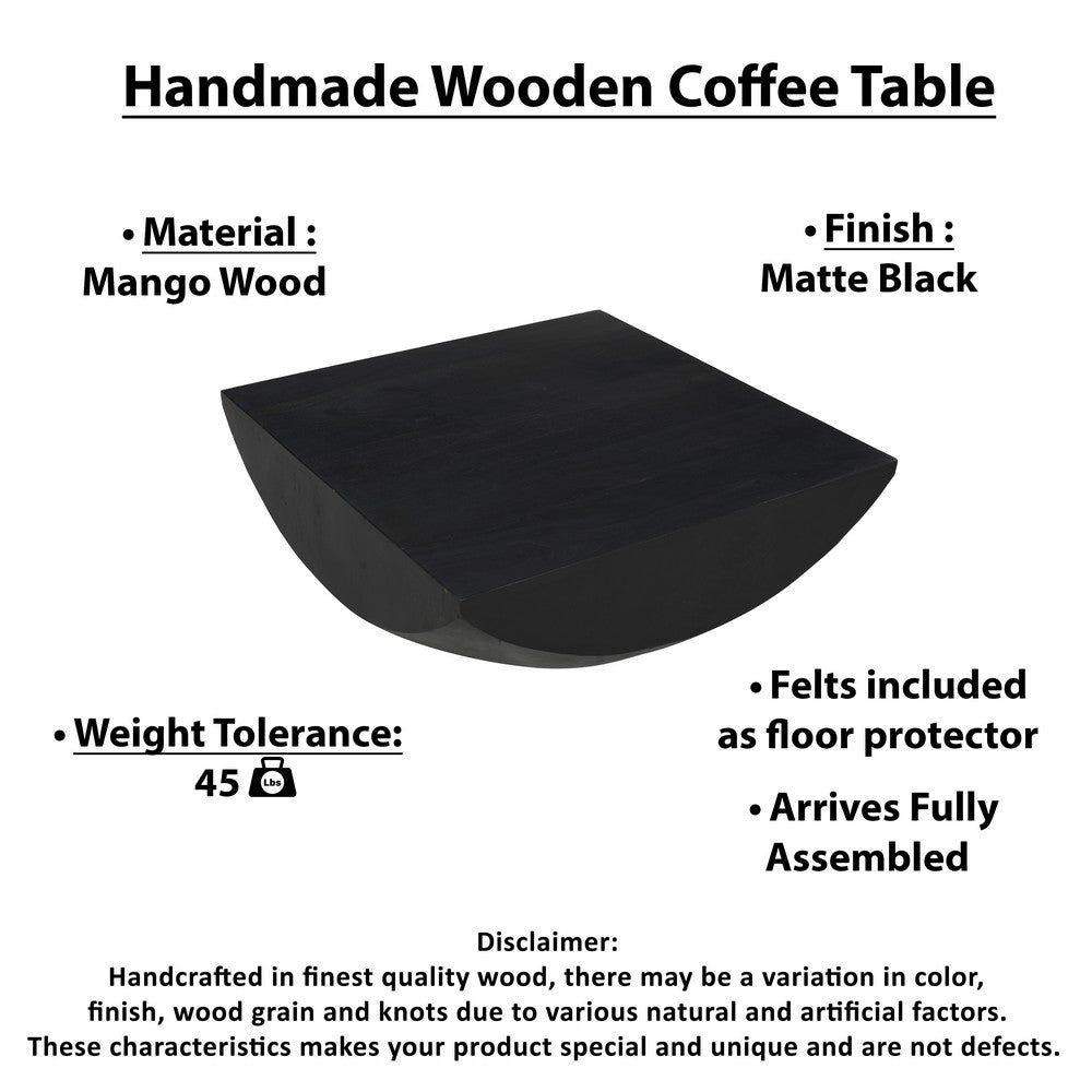 The Urban Port Joanie Coffee Table | 36" Square Top | Handcrafted Matte Black Mango Wood | Rounded Drum Base