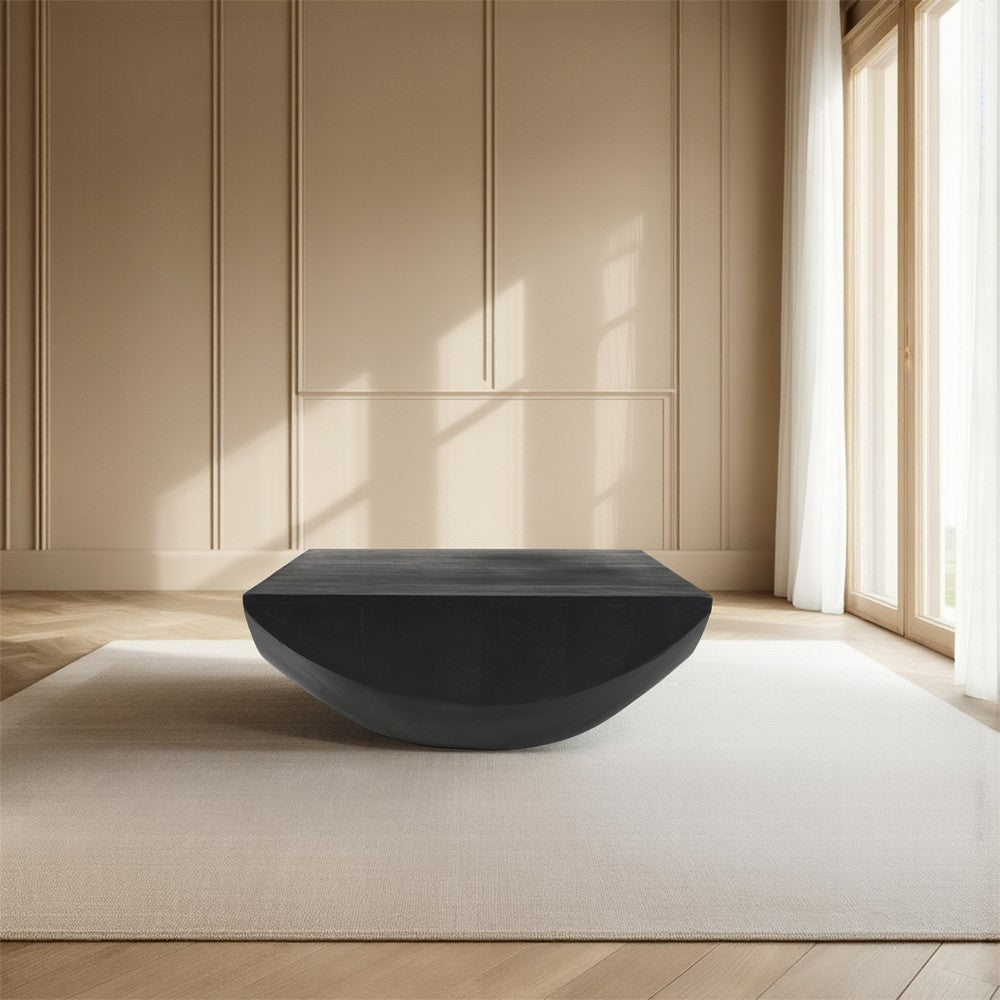 The Urban Port Joanie Coffee Table | 36" Square Top | Handcrafted Matte Black Mango Wood | Rounded Drum Base