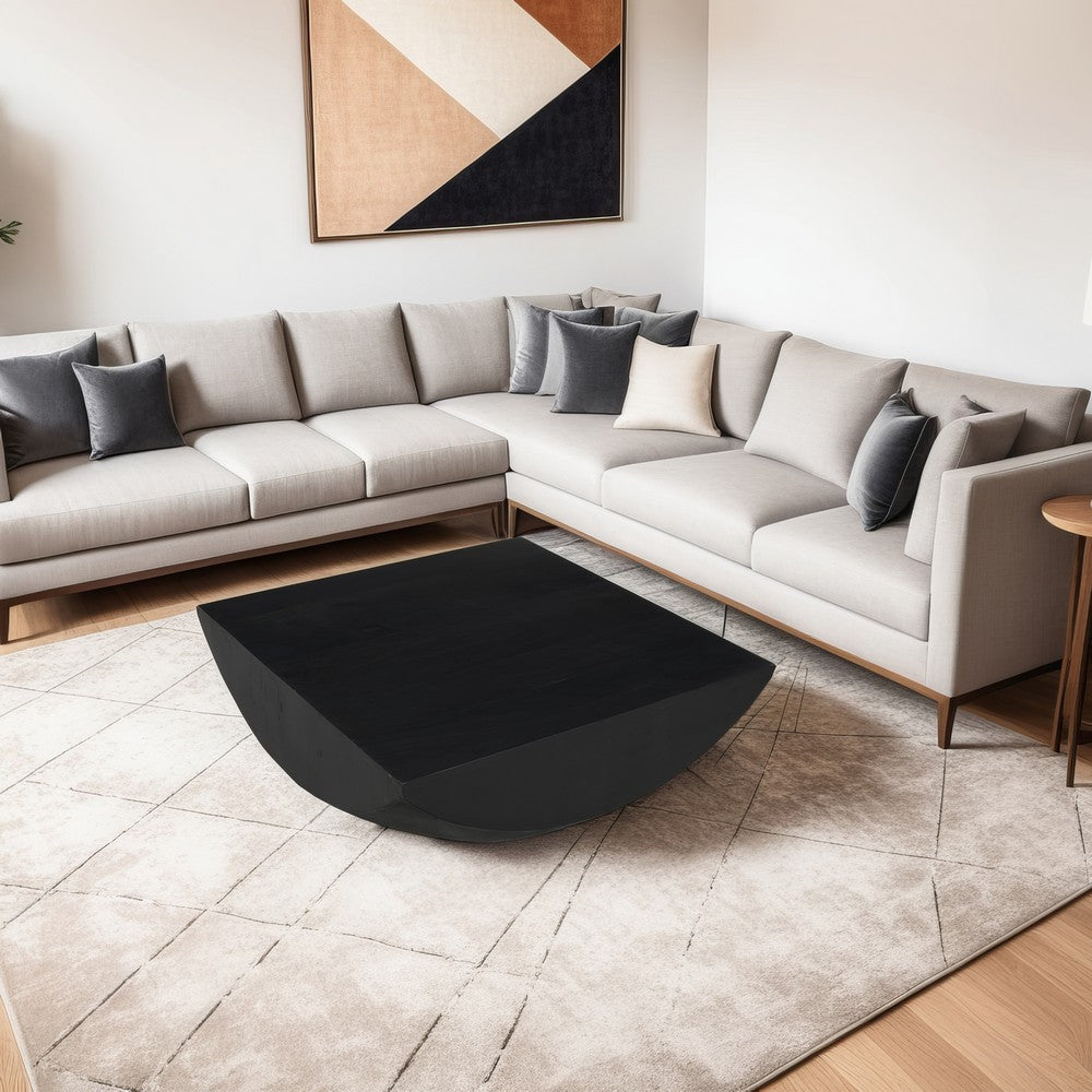 The Urban Port Joanie Coffee Table | 36" Square Top | Handcrafted Matte Black Mango Wood | Rounded Drum Base