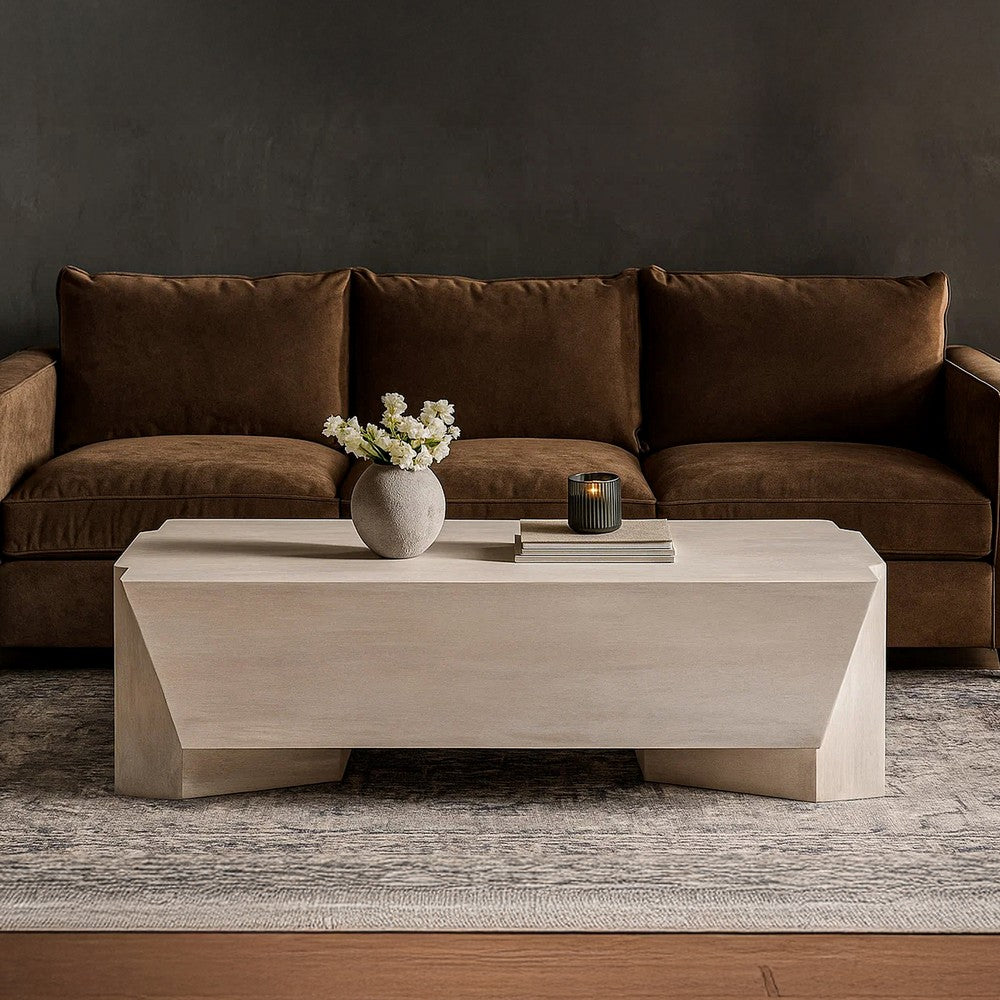 The Urban Port Joanie Coffee Table | 45" Rectangular Biscotti White Handcrafted Mango Wood | Solid Asymmetric Base