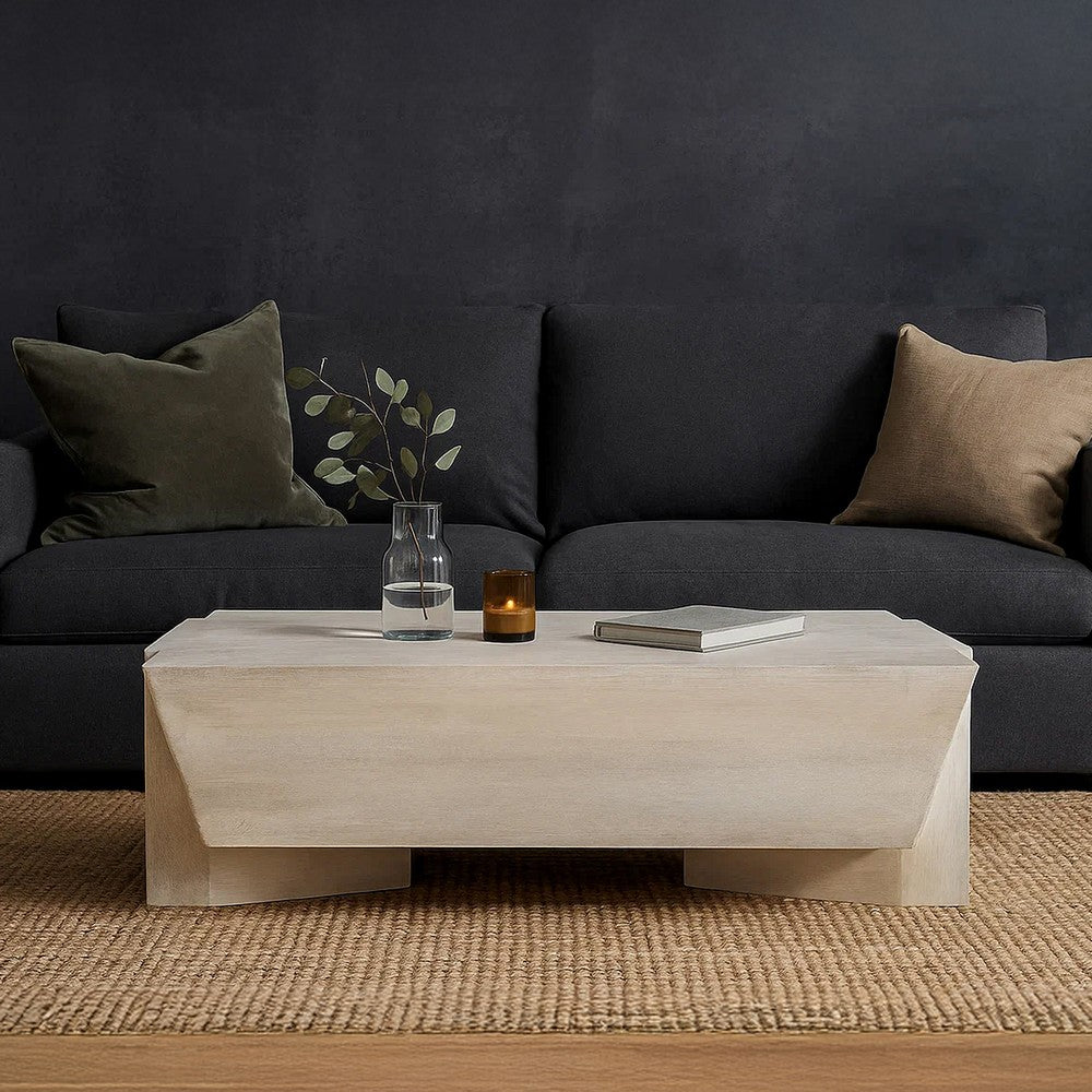 The Urban Port Joanie Coffee Table | 45" Rectangular Biscotti White Handcrafted Mango Wood | Solid Asymmetric Base